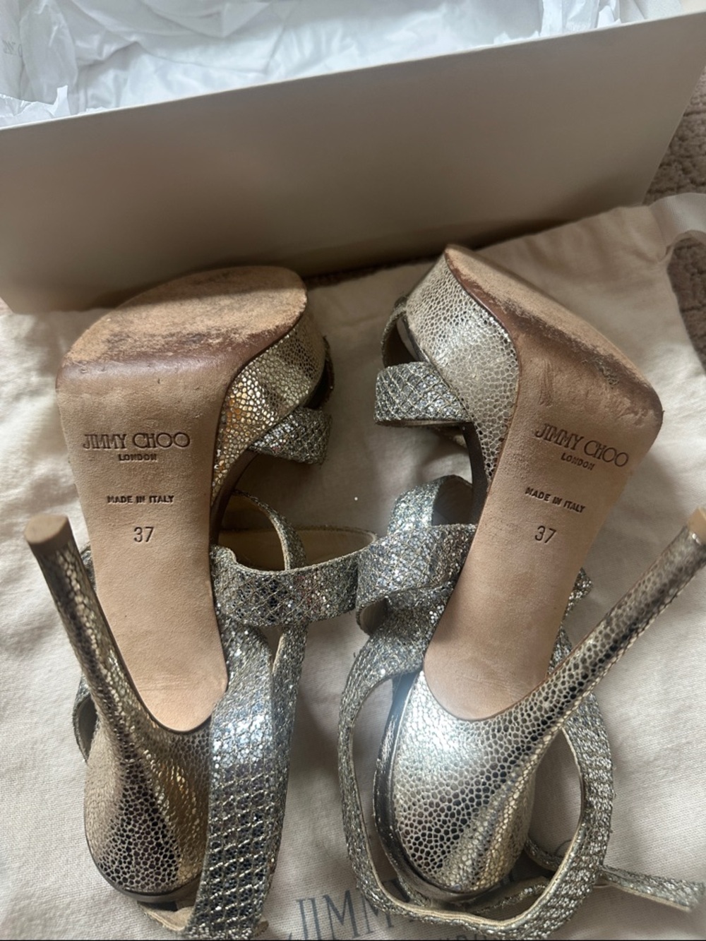 Jimmy Choo Metallic Gold Glitter Strappy Sandals - Picture 4 of 5